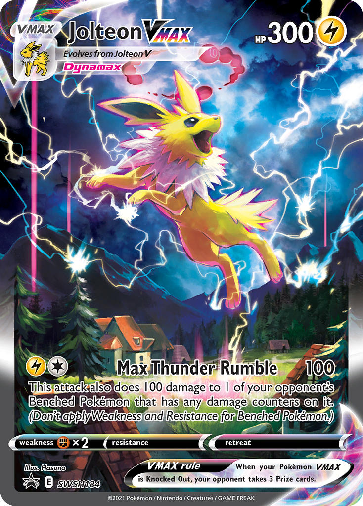 Pokémon trading card featuring Jolteon VMAX with dynamic lightning effects