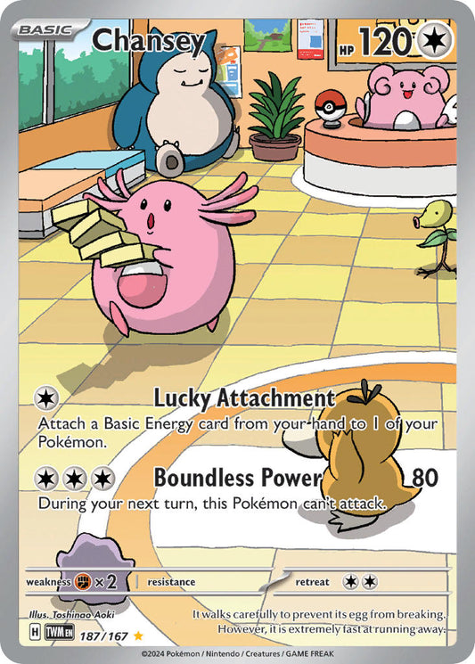 Pokémon trading card featuring Chansey and other characters in a room setting