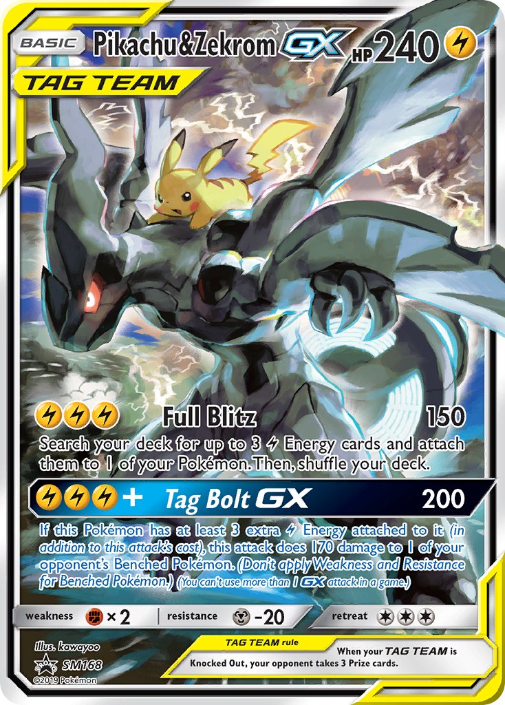 Pokémon trading card featuring Pikachu and Zekrom GX with detailed artwork and text.
